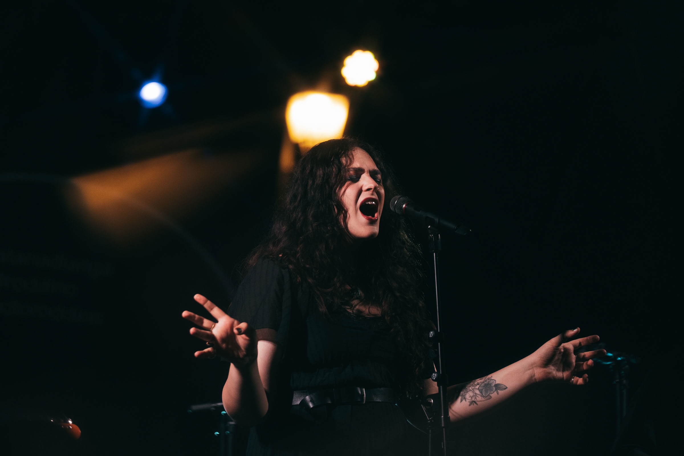 Cantante — braccia aperte, due spot caldi